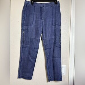 Tommy Bahama Blue Washed Linen Cargo Cropped Pants. Front, Back Pockets, Zipper